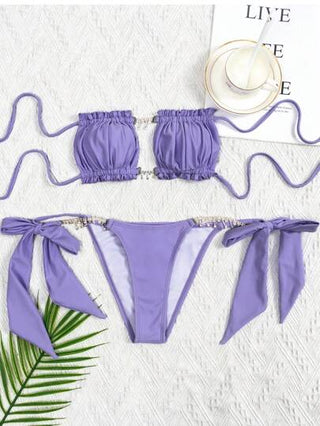 Swim SXY طقم بكيني بموديل بانديو ذي تريم مبطن للنساء بلون واحد مناسب للشاطئ والعطلات الصيفية