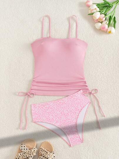 طقم تانكيني حريمي Swim Lushoire طقم ملابس سباحة بيكيني للنساء، سروال مزخرف بطبعات زهور وبقيط صغير مع أشرطة قابلة للتعديل، وأعلى بحمالات رفيعة للاسترخاء على الشاطئ