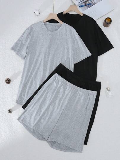 SHEIN طقم بيجاما للرجال بأعلى بأكمام قصيرة ياقة على شكل حرف V، وشورت بلون أحادي
