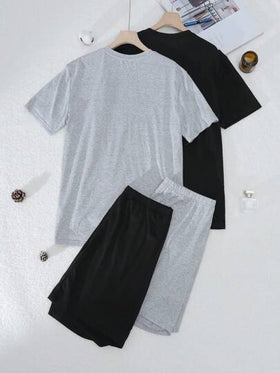 SHEIN طقم بيجاما للرجال بأعلى بأكمام قصيرة ياقة على شكل حرف V، وشورت بلون أحادي