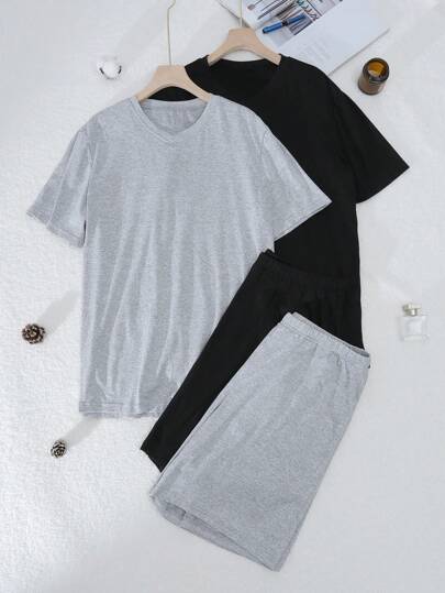 SHEIN طقم بيجاما للرجال بأعلى بأكمام قصيرة ياقة على شكل حرف V، وشورت بلون أحادي