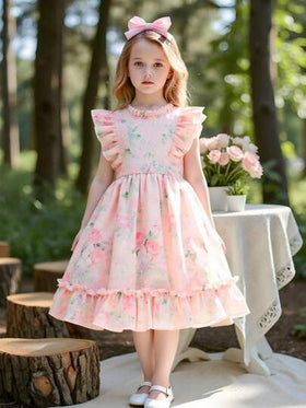 Elladie kids فستان رعاف بلا أكمام مزخرف بالزهور بتصميم فتاة شابة، إغلاق بسوستة خلفية، فستان أميرة كاجوال عصري، حلو وجذاب للاستخدام اليومي