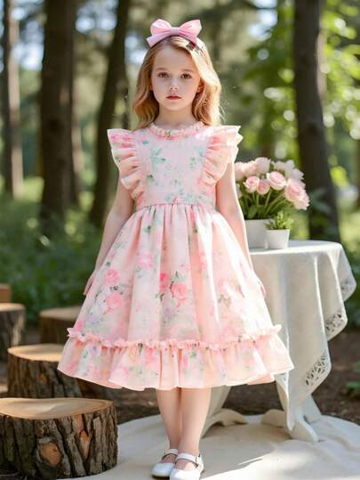 Elladie kids فستان رعاف بلا أكمام مزخرف بالزهور بتصميم فتاة شابة، إغلاق بسوستة خلفية، فستان أميرة كاجوال عصري، حلو وجذاب للاستخدام اليومي