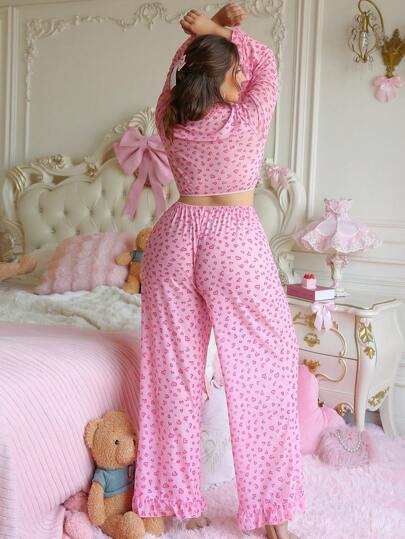 PetitDoll مجموعة ملابس داخلية 2 قطعة بتصميم كم واسع ومطبوعة بشكل قلب للمقاسات الكبيرة مثيرة للجنس