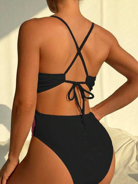 Swim SXY بدلة سباحة نسائية ذات رقبة واسعة وظهر مكشوف مربوطة بنقش الصيف لأجازة الصيف