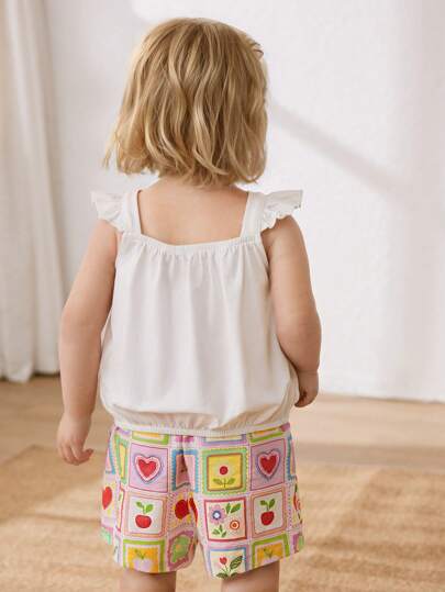 Cozy Pixies مجموعة من قطعتين للبنات الرضع؛ ملابس علوية مطبوعة بنقوش نباتية وزهور و شورت خصر مطاطي