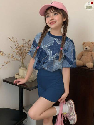 girls-sets 2 قطعة/مجموعة بنطلون قصير وتي شيرت كاجوال قصيرة الأكمام منقوشة بنجوم للبنات المراهقات ، ملابس صيفية