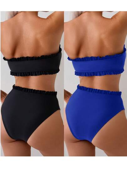 Swim Basics طقم ملابس سباحة مكون من 4 قطع، لون أحادي بتصميم فستان صيفي بدون أشرطة للكتف، مكشكش أمامي، ربطة خصر متوسطة، مرتبة، ألوان متنوعة قابلة للفصل