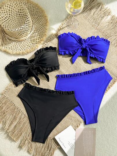 Swim Basics طقم ملابس سباحة مكون من 4 قطع، لون أحادي بتصميم فستان صيفي بدون أشرطة للكتف، مكشكش أمامي، ربطة خصر متوسطة، مرتبة، ألوان متنوعة قابلة للفصل
