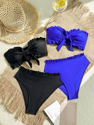 Swim Basics طقم ملابس سباحة مكون من 4 قطع، لون أحادي بتصميم فستان صيفي بدون أشرطة للكتف، مكشكش أمامي، ربطة خصر متوسطة، مرتبة، ألوان متنوعة قابلة للفصل