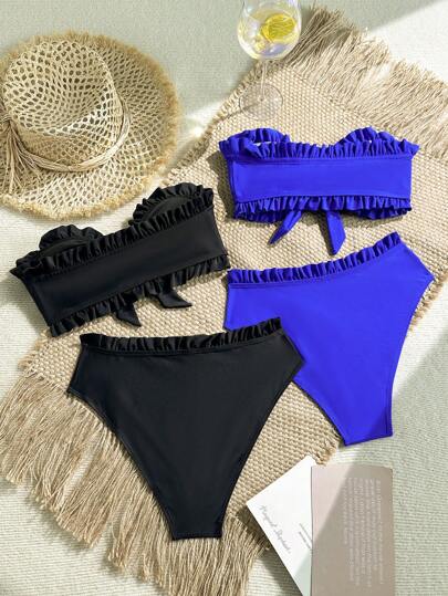 Swim Basics طقم ملابس سباحة مكون من 4 قطع، لون أحادي بتصميم فستان صيفي بدون أشرطة للكتف، مكشكش أمامي، ربطة خصر متوسطة، مرتبة، ألوان متنوعة قابلة للفصل