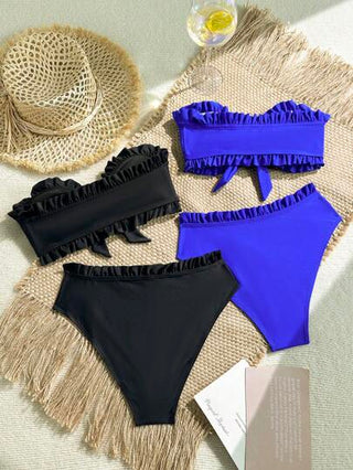 Swim Basics طقم ملابس سباحة مكون من 4 قطع، لون أحادي بتصميم فستان صيفي بدون أشرطة للكتف، مكشكش أمامي، ربطة خصر متوسطة، مرتبة، ألوان متنوعة قابلة للفصل