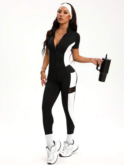 SHEIN Sport Studio طقم رياضي للنساء صيفي مكوّن من ملابس علوية قصيرة ذات تباين لوني وسحاب وسراويل ليكرا مرنة وقابلة للتنفس