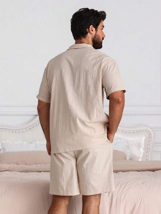 DAZY قميص لون واحد طباعة حرف + طقم ملابس منزلية للرجال، صيفي