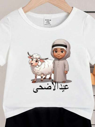 مجموعة قصيرة كاجوال للأطفال الصغار بتصميم شرقي متوسط، طباعة كرتونية لطيفة بولد و خروف، بياقة مدورة وأكمام قصيرة، مناسبة للربيع/الصيف