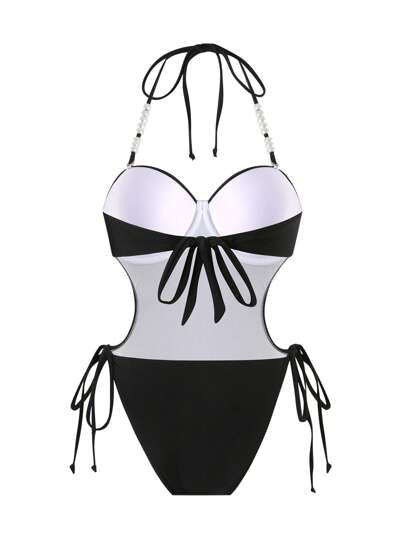 مايوه حريمي قطعة واحدة Swim SXY بدلة سباحة قطعة واحدة نسائية من قماش النايلون بالأبيض والأسود لحفلات الشاطئ والعطلات