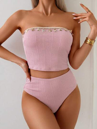 طقم تانكيني حريمي Swim مجموعة بكيني للنساء مكونة من 2 قطعة من قماش مخملي مزخرفة بتفاصيل أصداف البحر والنجوم البحرية ، ملابس علوية وأسفل التانكيني ذو الخصر العالي، ملابس سباحة شاطئية للكبار