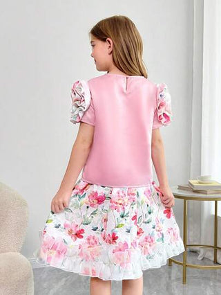 girls-sets ملابس علوية قصيرة الأكمام مزينة بالزهور ثلاثية الأبعاد وتنورة منسوجة بنقوش مجعدة ذات هيمة مجموعة قطعتين للبنات المراهقات