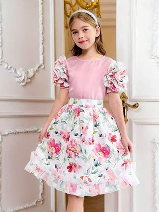 girls-sets ملابس علوية قصيرة الأكمام مزينة بالزهور ثلاثية الأبعاد وتنورة منسوجة بنقوش مجعدة ذات هيمة مجموعة قطعتين للبنات المراهقات