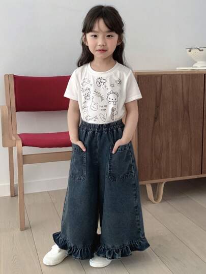 Dazy Kids بنطلون جينز كاجوال فضفاض وجميل مغسول للفتيات الصغيرات، ملابس للعودة إلى المدرسة رمضان