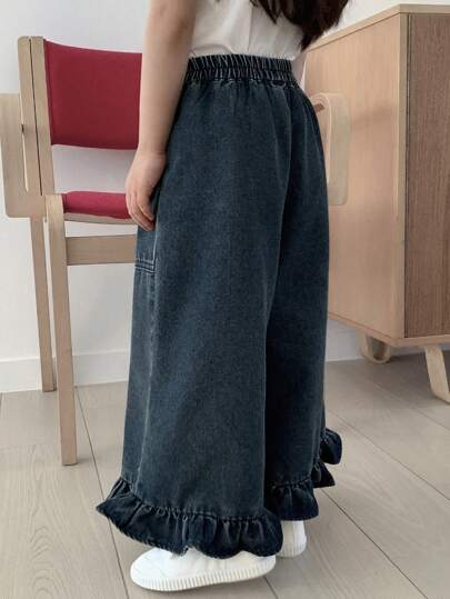 Dazy Kids بنطلون جينز كاجوال فضفاض وجميل مغسول للفتيات الصغيرات، ملابس للعودة إلى المدرسة رمضان