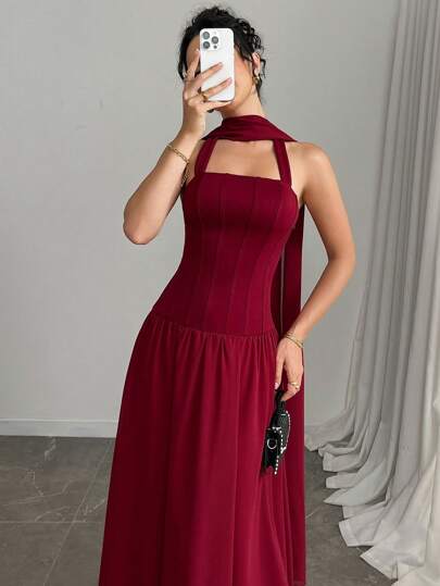 Modelyn العيد فستان صيفي أنيق أكمام بدون أكمام ذو لون ثابت ومنسدل