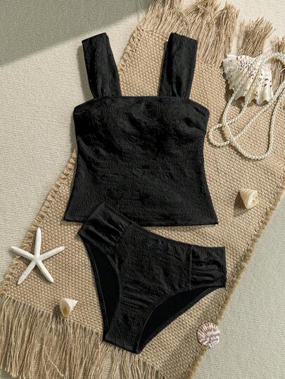 طقم تانكيني حريمي Swim Vcay مجموعة بدلة سباحة نسائية ذات نسيج مجدول بنمط وقوام نسيجي لفصل الصيف والشاطيء، قطعتان