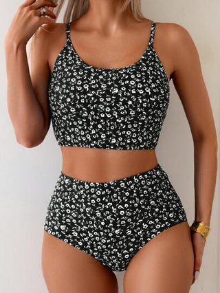 طقم تانكيني حريمي Swim مجموعة بكيني نساء مكونة من قطعتين ذات طبعة زهرية متناثرة وحمالات رفيعة وجزء علوي قصير ولب عالي، مناسب للعطلات والارتداء اليومي