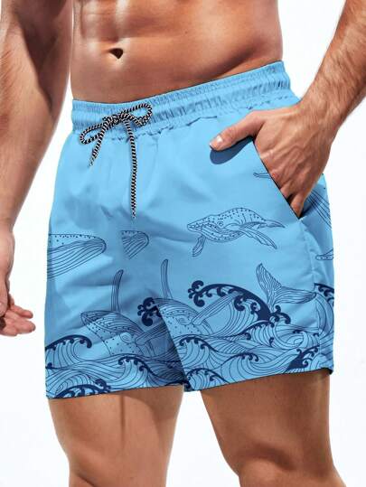 Manfinity Swimmode شورت شاطئ بخصر رباط مطبوع بموجات صيفي للرجال، هاواي