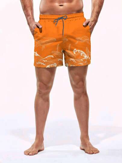 Manfinity Swimmode شورت رجالي قصير للشاطئ مطبوع عليه موجات، حبل شد, طراز هاواي, للاستخدام الصيفي
