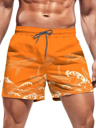 Manfinity Swimmode شورت رجالي قصير للشاطئ مطبوع عليه موجات، حبل شد, طراز هاواي, للاستخدام الصيفي