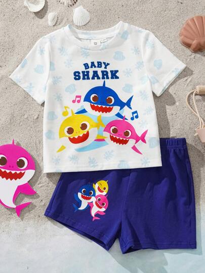 BABY SHARK X طقم تيشرت بأكمام قصيرة وشورت - قطعتان مع طباعة كرتونية لعائلة القرش، لأطفال الصيف