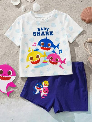 BABY SHARK X طقم تيشرت بأكمام قصيرة وشورت - قطعتان مع طباعة كرتونية لعائلة القرش، لأطفال الصيف