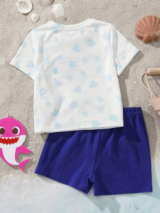 BABY SHARK X طقم تيشرت بأكمام قصيرة وشورت - قطعتان مع طباعة كرتونية لعائلة القرش، لأطفال الصيف