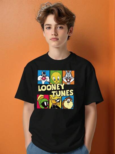 LOONEY TUNES X SHEIN قميص تي شيرت كاجوال قصير الأكمام بطباعة كرتونية مناسب للفتيان المراهقين فى الصيف
