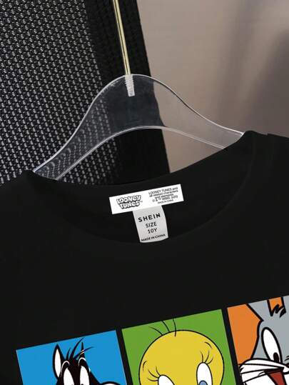 LOONEY TUNES X SHEIN قميص تي شيرت كاجوال قصير الأكمام بطباعة كرتونية مناسب للفتيان المراهقين فى الصيف
