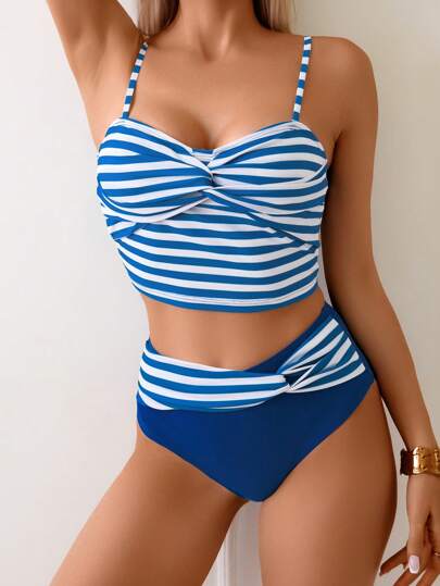 طقم تانكيني حريمي Swim Lushoire مجموعة بيكيني نسائية كاجوال قطعتين، تشمل ملابس علوية كامي وأعلى بيكيني، ملابس شاطئية عصرية للعطلات الصيفية