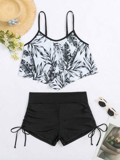 طقم تانكيني حريمي Swim Lushoire بكيني مطبوع ذو أربطة رفيعة عشوائية (2 قطعة) ، قصة منديل بدون إغلاق
