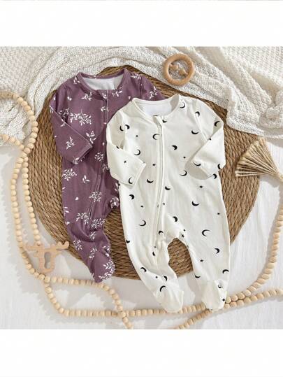 Loomiva مجموعة بنطلون ورومبير بنقشة نباتية مزهرة، طويل الأكمام بطاقم دائري للاستخدام اليومي من القطن الناعم للطفلة حديثة الولادة، 2 قطعة