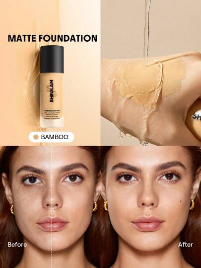 SHEGLAM كريم أساس مطفي يدوم طويلاً من Complexion Pro-مقاوم للتعرق، يتحكم في الزيوت، تغطية كاملة، خالٍ من المسام، خافي عيوب، مقاوم للماء، تغطية كاملة تدوم طويلاً، خالٍ من المسام، خالٍ من العيوب، يتحكم في الزيوت، لا يتلاشى، كريم أساس سائل خفيف الوزن وناع...