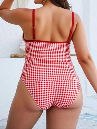 Swim Mod بحر عطلة ملابس سباحة إطقم سيدات مقاسات كبيرة، ملابس علوية مخطط مزينة بالأربطة قابلة للتعديل وشورت سباحة ذو خصر مرتفع مزين بعقدة جانبية، أنيقة وجريئة