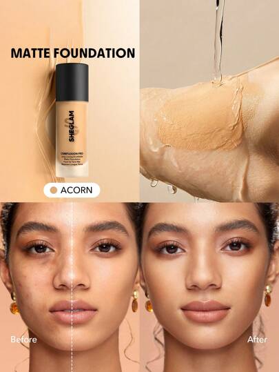 SHEGLAM كريم أساس مطفي يدوم طويلاً وقابل للتنفس من Complexion Pro-Acorn Matte-كريم أساس كامل التغطية مقاوم للتعرق-التحكم في الزيوت-تغطية كاملة-خافي عيوب-مقاوم للماء-تغطية كاملة تدوم طويلاً-خالٍ من المسام-خالٍ من العيوب-التحكم في الزيوت-لا يتلاشى-كريم أ...