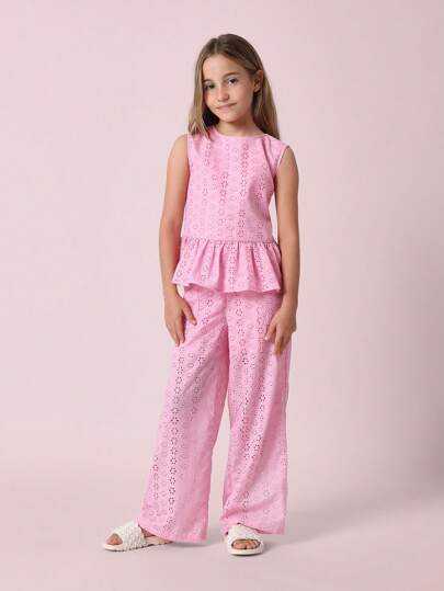 girls-sets SUMWON مجموعة من ملابس علوية البرودري أنجليز مع بنطال ساق واسعة، لارتداء في المناسبات الصيفية والعطلات والشواطئ والمهرجانات والحفلات