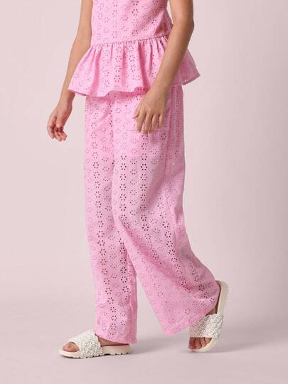 girls-sets SUMWON مجموعة من ملابس علوية البرودري أنجليز مع بنطال ساق واسعة، لارتداء في المناسبات الصيفية والعطلات والشواطئ والمهرجانات والحفلات