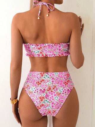 Swim بدلة شاطئية صيفية للنساء، ملابس علوية ناعم علوي مزهر مكشكش، أسفل مربوط بنظام ربط، طقم بكيني مع قلادة لؤلؤية رقيقة