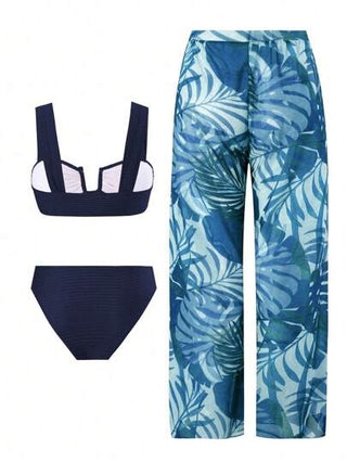 طقم تانكيني حريمي Swim Oasis مجموعة سباحة للنساء 3 قطع مكونة من ملابس علوية خلفية مفتوحة بقصة عنق على شكل حرف U ذات ملمس سادة وبنطلون شاطئ بطبعات شفافة، تصميم بوهيمي خاص بمناسبات الصيف والعطلات