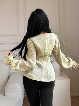 Modelyn العيد بلوزة أنيقة للنساء ذات لون أحادي وأنسجة منسوجة مع زهور ثلاثية الأبعاد مجوفة وأكمام طويلة