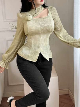 Modelyn العيد بلوزة أنيقة للنساء ذات لون أحادي وأنسجة منسوجة مع زهور ثلاثية الأبعاد مجوفة وأكمام طويلة