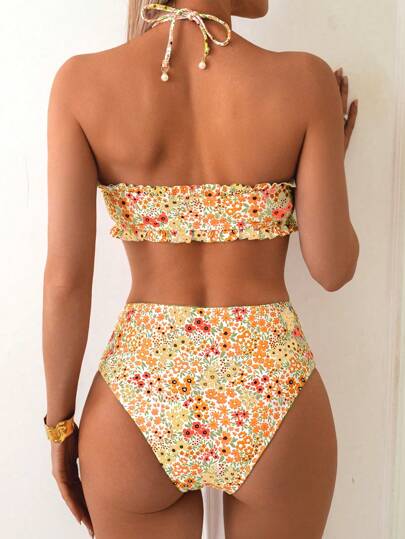 Swim ملابس نسائية لحفلات الشاطئ والصيف - مجموعة بكيني مزخرفة بخرز وشريط ربط، صدرية بطراز مزهر
