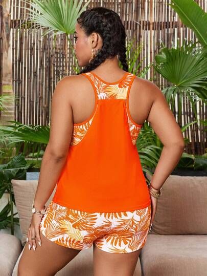 طقم تانكيني حريمي Swim Lushoire حزمة ملابس سباحة (كنزة بلا أكمام وشورت بطباعة عشوائية كاملة) مقاسات كبيرة للنساء